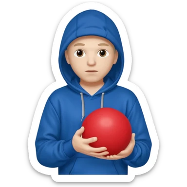 white rapper in a hoodie holding a blue ball and a red ball in opposite hands sticker