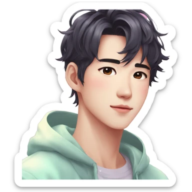 Gorgeous bright sparkly romantic Asian anime pastel guy with blushing face aesthetic trending style outside sticker