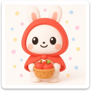 cute 3D iOS kawaii style illustration of a small white bunny wearing a red hooded cape, holding a basket of apples, round and adorable, big eyes, sweet expression, playful and bright 3D style sticker