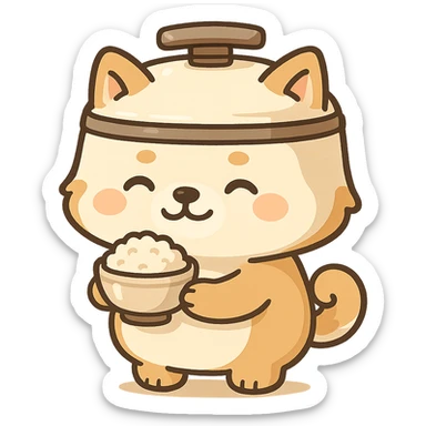 chibi style rice cooker dog with a round belly, holding a rice bowl, soft cream and brown tones, full-body sticker
