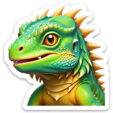 Cinematic Cute Iguana Portrait Emoji, Head tilted playfully and inquisitively, featuring a delightfully vibrant, textured body with a subtle spiky crest and large, sparkling eyes full of gentle wonder, Simplified yet irresistibly adorable features, highly detailed, glowing with a warm, inviting jungle glow, high shine, affectionate and lively, stylized with a touch of whimsical reptilian charm, soft glowing outline, capturing the essence of a mischievous yet loving iguana that seems as if it could scurry out of the screen into your arms! sticker