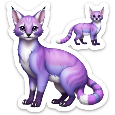 Colorful dark tropical pastel-lilac-lavender-violet iridescent pastel white glorious divine exotic cute cool beautiful shiny beautiful fantasy-caracal-civet-genet-sergal-vernid-Cacomistle-oncilla-animal-Fakémon-hybrid-fursona (full body) sticker