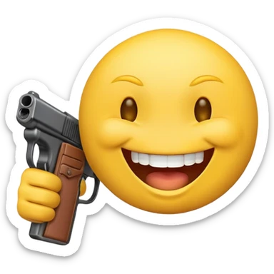 Yellow smile face laugh with gun in him open mouth  sticker