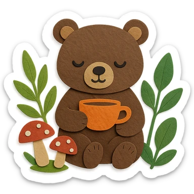 little bear sipping tea in the forest, surrounded by leaves and mushrooms, paper-craft style sticker