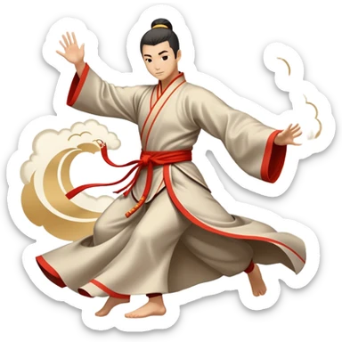 Emblem symbolizing Wushu martial arts. A graceful martial artist performs a dynamic kung fu pose, with flowing movements and a long, elegant robe. The background features stylized clouds and traditional Chinese symbols, representing fluidity, balance, and precision. Transparent background. sticker