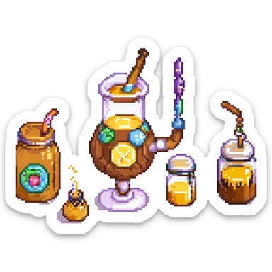 A candy-themed alchemist with caramel pipes, sugar-glass beakers, and honey-dripping mixers. The lab glows with syrupy hues and sticky textures. Interface buttons look like jelly beans, sliders resemble licorice sticks, and transitions melt like chocolate. sticker