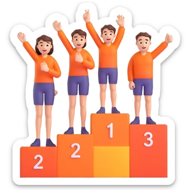 three casually dressed people on a winners podium labeled 2, 1, 3 from left to right, each on their step, center person on 1 holding up one finger on each hand, fun, expressive, cheerful, 3D emoji style sticker