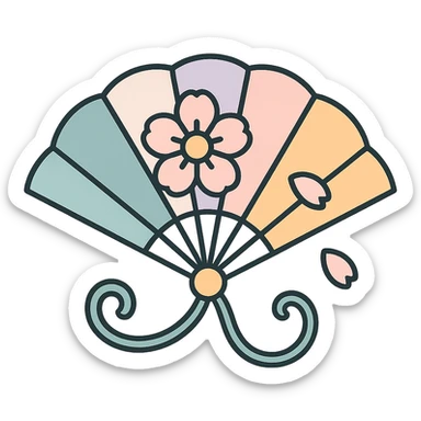 Chinese fan with curved cords, floral ornament and petals, high detail, complex shadows and highlights, thin clean outlines, soft rounded shapes, pastel palette #98B5BC, #B5B3C1, #C9A3C9, #E4C0CA, #F7DCD1, #F7C0AA, modern Japanese pop art and sticker aesthetic, soft lighting, transparent background sticker