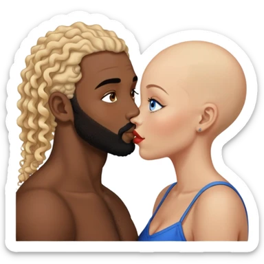 bald head man with brown eyes and black beard kissing African woman with blue eyes and curly blonde hair sticker