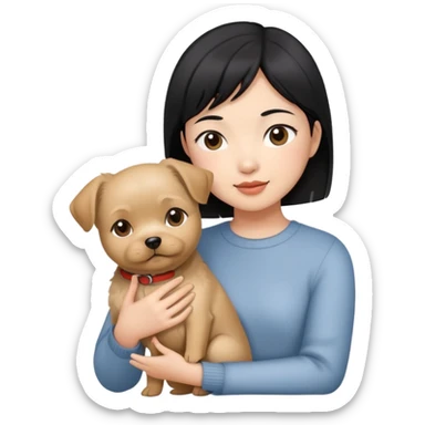 An Asian girl with short black hair, holding a Yorkshire dog sticker