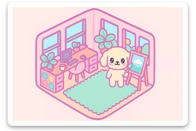 Add a brush in the character's paw, making it appear as if it is painting on the canvas on the easel, while maintaining the original illustration's cute style and soft colors. sticker