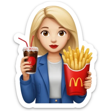 a young woman full length with cola in one hand and french fries in the other hand and a painting under her arm sticker