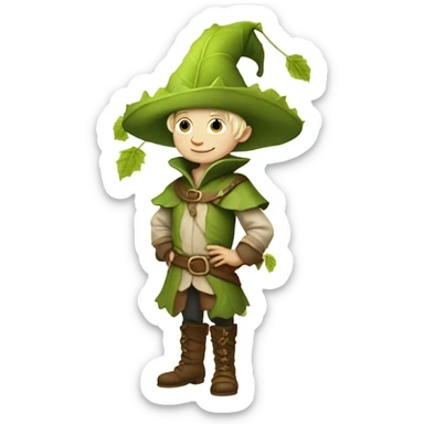 whimsical fairytale medieval pale boy who is tiny and wearing a giant leaf hat and big boots sticker