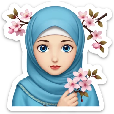 Turkish beautiful finish Konya girl blue eyes with hijab islamic dress and had on her hand cherry blossom sticker