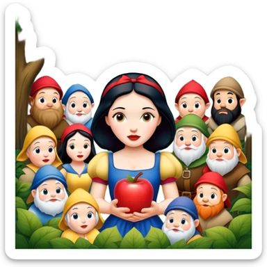 Snow White standing gracefully in a lush forest, surrounded by the Seven Dwarfs sticker