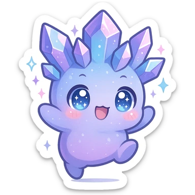 kawaii chibi style crystal sprite creature, purple, blue, and pink, jumping pose, sparkling eyes sticker