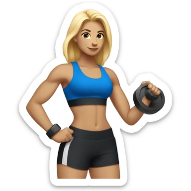 blonde woman working out with a black tank top and a blue shorts and she is holding a dumbell sticker