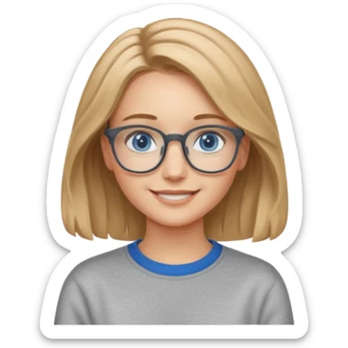 мила дівчинка з пшеничним та трохи хвилястим волоссям до грудей з голубими очами та в окулярах в сірому світшоті посміхається sticker