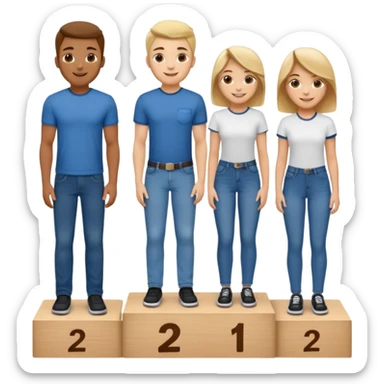 show people on podium in first, second and third place.  The podium should be labled 2, 1, 3.  The middle position should only have the number 1.  the people should be dressed in relaxed clothes like jeans and t-shirts sticker