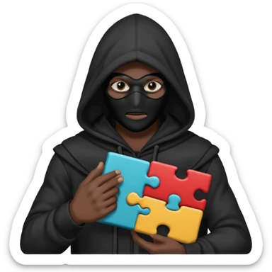 grayscale black mysterious masked hooded man with puzzle sticker