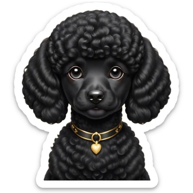 Cinematic Noble Black Poodle Portrait Emoji, Poised and regal, with a refined, elegant build and a meticulously groomed, curly jet-black Fur, deep-set soulful dark eyes, Simplified yet sharp and sophisticated features, highly detailed, glowing with a soft, dignified glow, high shine, intelligent and graceful, stylized with an air of sophistication, focused and attentive, soft glowing outline, capturing the essence of a watchful and confident companion, so majestic it feels as though it could prance out of the screen with effortless authority! sticker