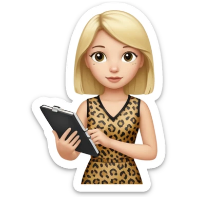 Blond hair girl with a leopard print dress and black leggings holding a note book and a pen sticker