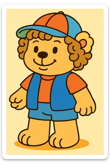 Dustin-bear wearing a blue vest, orange t-shirt, colorful cap, curly hair, friendly smile, in Bobbie Goods style. sticker