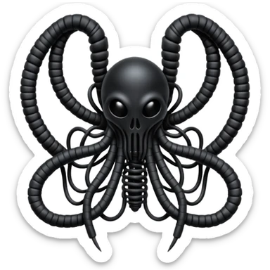 dark intertwined black wires forming an occult creature, wrapped in black rags and bondage straps, Giger-inspired sticker