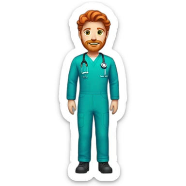 Red headed male with medium waves hair, green eyes, red beard and mustache, wearing blue scrubs sticker