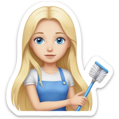Cinematic realistic blonde with long hair, blue eyes cleans the room sticker