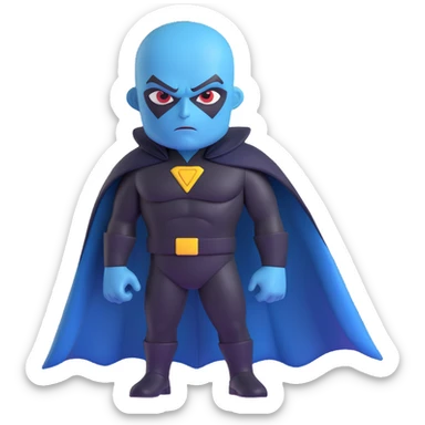 megamind character, blue-skinned supervillain with a large head, wearing a black cape and suit, confident expression, 3D style sticker