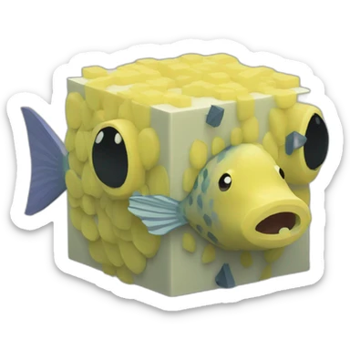 cube yellow fugu fish with two fins and tail in minecraft style full size sticker