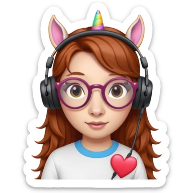headphone wearing unicorn with dark ginger hair and heart shaped spectacles sticker