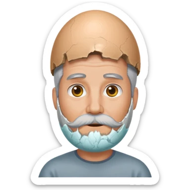 grey haired man with beard middle aged with a large egg shell on the head sticker
