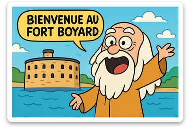Père fouras  de fort boyard qui cri bienvenue au fort boyard // style enfantin dessin animé cartoons américain style gumball (  sticker