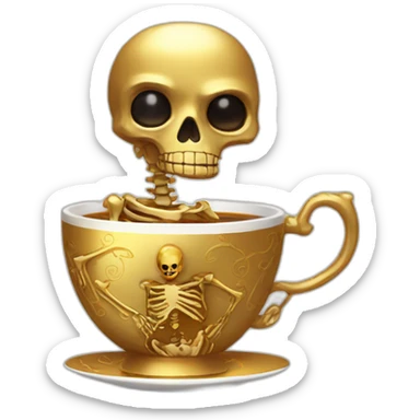 a golden skeleton with hair and golden eyes drinking tea sticker