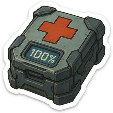 the image is the icon for a videogame pick up item, it is a medkit, medic kit, %100, fututistic cyberpunk, "HALO:  Reach" sticker