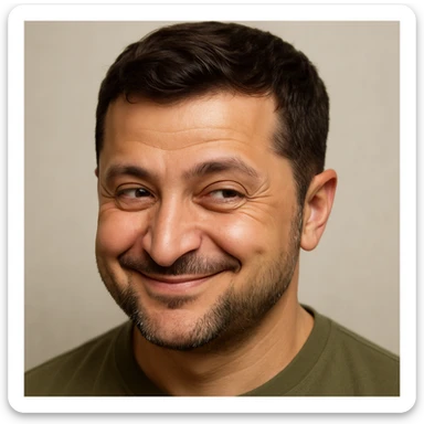 photorealistic emoji style portrait of Vladimir Zelensky with a very sly expression sticker