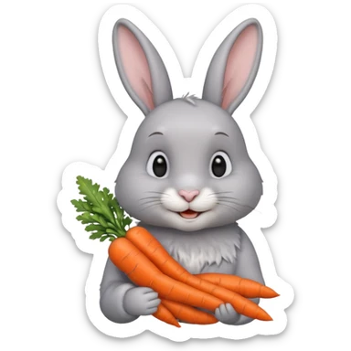 Gray rabbit holding carrot, cute smile, half body sticker