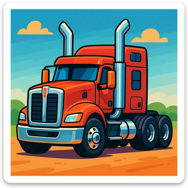 cartoon 2026 Kenworth W680 flattop semi sleeper with shiny chrome stacks, big wheels, fun proportions sticker