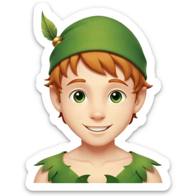 Cinematic Realistic Peter Pan Portrait, head tilted playfully and inquisitively, capturing his mischievous smile and twinkling eyes. The intricacies of his whimsical attire and the soft interplay of natural light bring to life his adventurous energy and childlike charm with a hint of daring strength. sticker