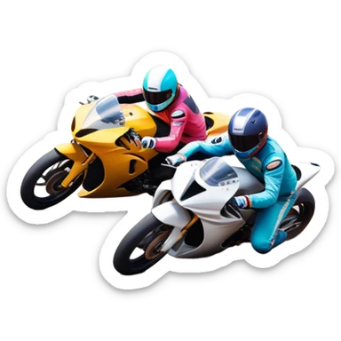 A sleek racing car and motorcycle speeding on a track, leaving a trail of dust behind. The scene captures the thrill of high-speed competition, with blurred motion and vibrant colors, highlighting the dynamic energy of motorsport. sticker
