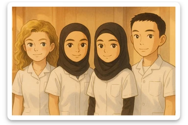 Four nursing students side by side in a warm indoor ambiance with natural lighting, wearing white short-sleeved uniforms with V-neck collars and left chest pockets, in Ghibli style. sticker