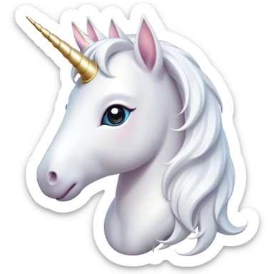 Cinematic Cute White Unicorn Portrait Emoji, Head tilted playfully and inquisitively, featuring a charming, petite form with a silky white color, a delicately flowing mane and tail, and a tiny, sparkling horn, with large, dreamy eyes full of wonder, Simplified yet irresistibly adorable features, highly detailed, glowing with a warm, enchanting glow, high shine, affectionate and lively, stylized with a touch of fairy-tale whimsy, soft glowing outline, capturing the essence of a mischievous yet endearing white unicorn that seems as if it could gallop out of the screen into your heart! sticker