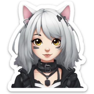 Gorgeous gothic dark techwear anime style anthro cat with blushing face aesthetic and pretty edgy black with collar and harness trending style sticker