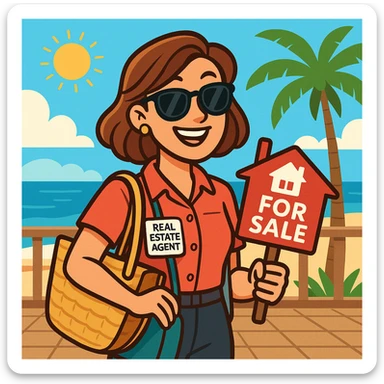 real estate agent with sunglasses, summer accessories like bag and badge, beach or terrace vibe, modern cartoon style sticker