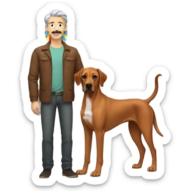 white male with long rainbow colored hair and a curled mustache standing alongside a brown rhodesian ridgeback dog sticker