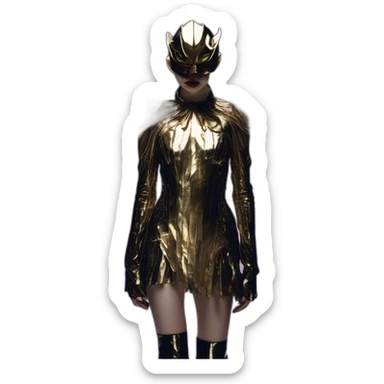 grimes, iris van herpen dress, sword, silver mask, Bathed in shadows, 90 degrees, short lighting, L USM, Cold Colors, gilded technique, extremely hyper aesthetic sticker
