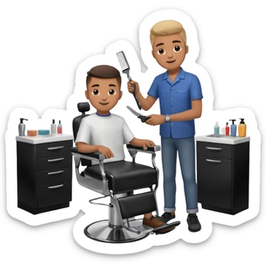 Barber cutting teenage boys hair. Show the boy sat in black barber chair and both having smiles on their faces sticker