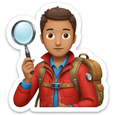Explorer man with red jacket backpack and magnifying glass sticker